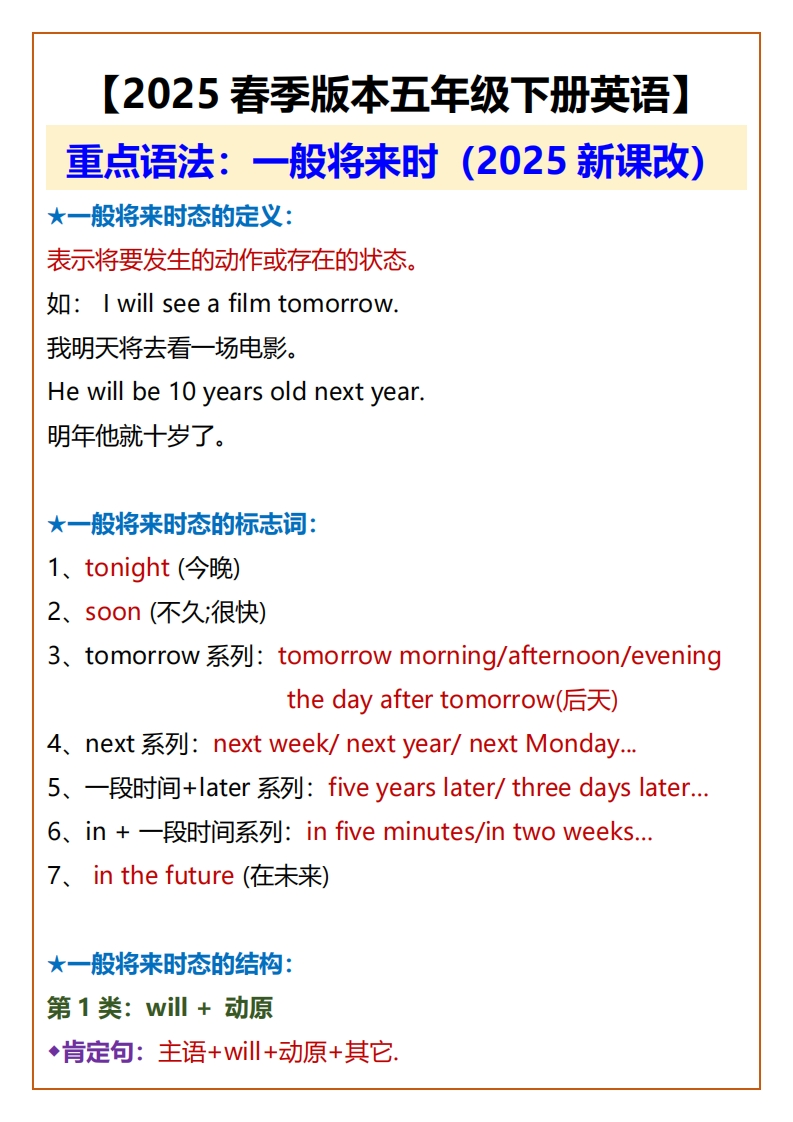 2025春新版-五年级下册英语--重点语法：一般将来时