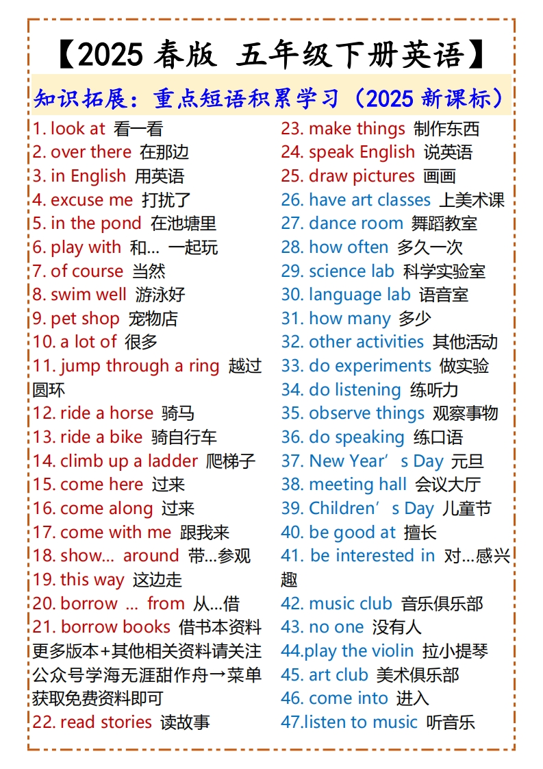 2025春新版-五年级下册英语-重点短语积累学习