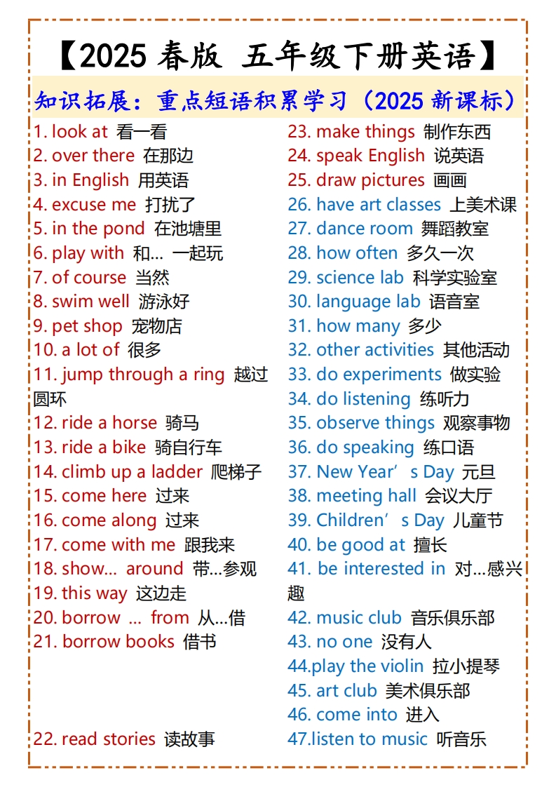 2025春新版-五年级下册英语-重点短语积累学习