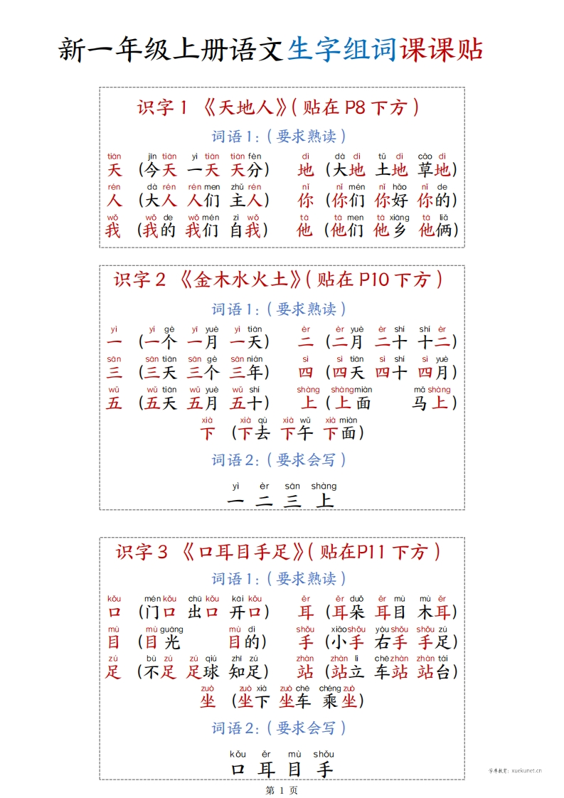 25新一年级上册语文生字组词课课贴15页.