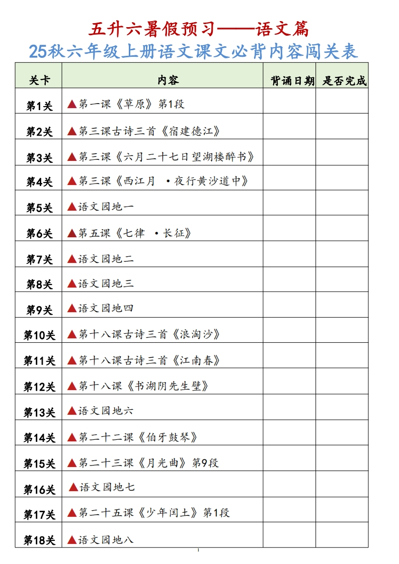 25秋六年级上册暑假预习背诵闯关表-内容
