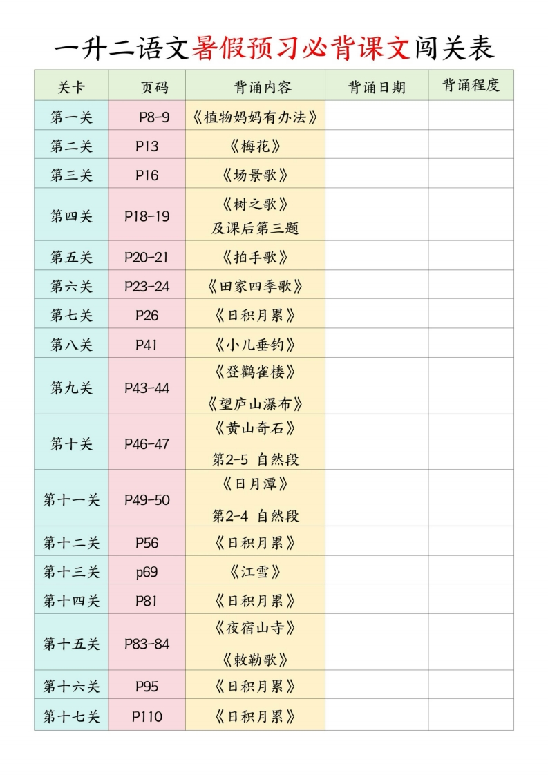 一升二语文暑假预习必背课文闯关表