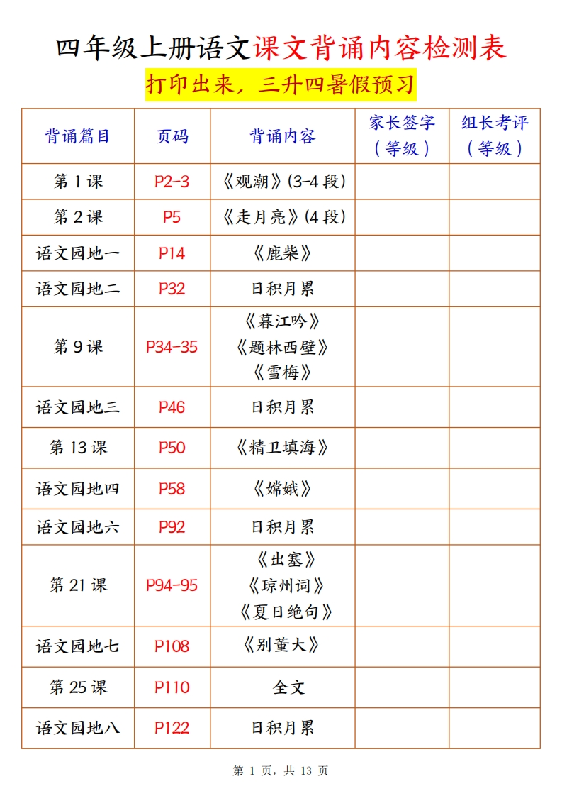 三升四暑假预习四上语文课文背诵内容检测表（13页）