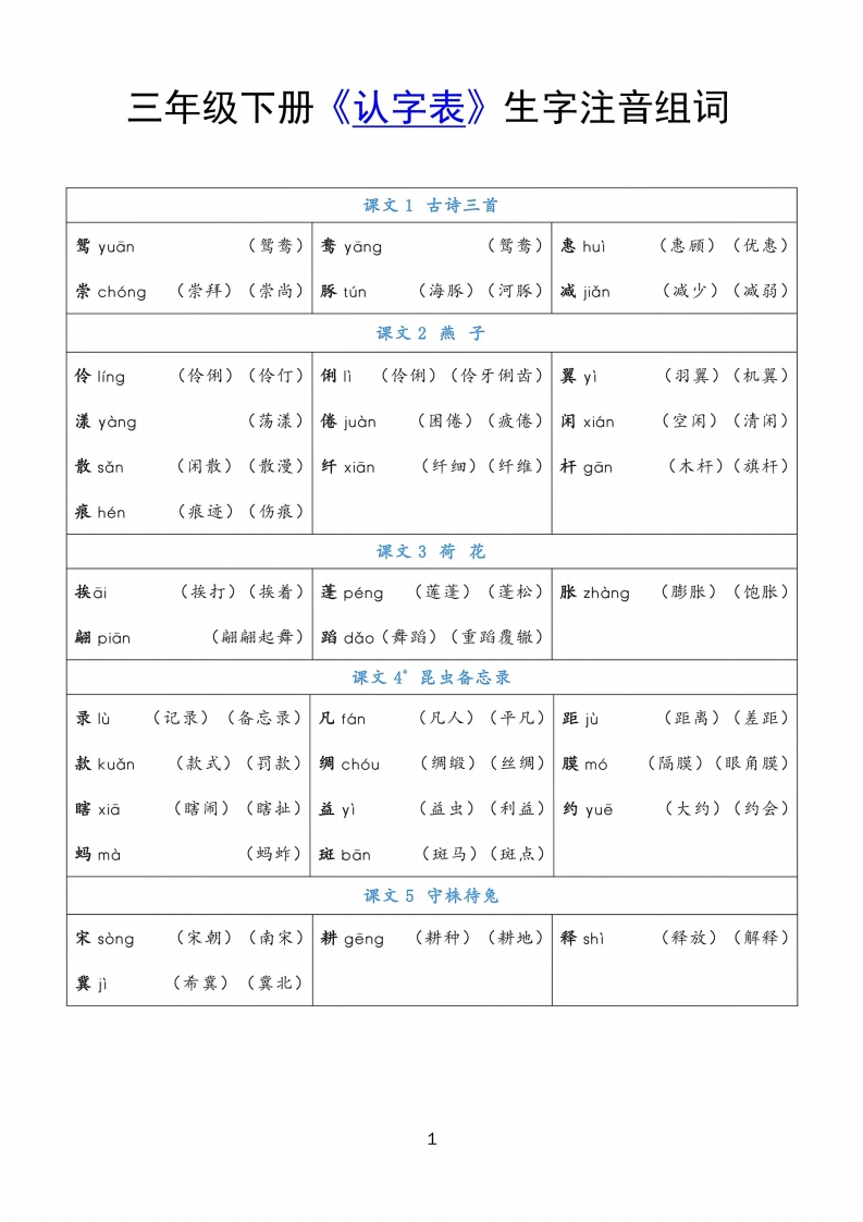 三年级语文下册《认字表》注音组词