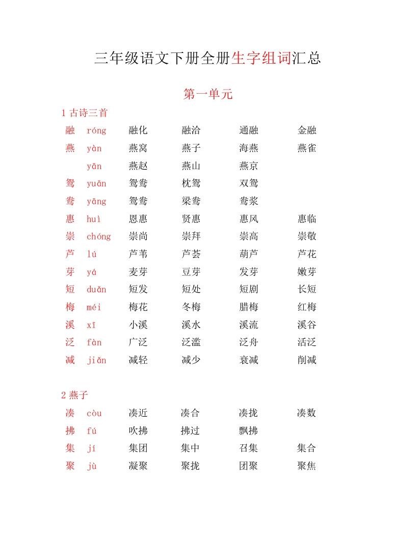 三（下）语文-全册各单元生字组词-汇总