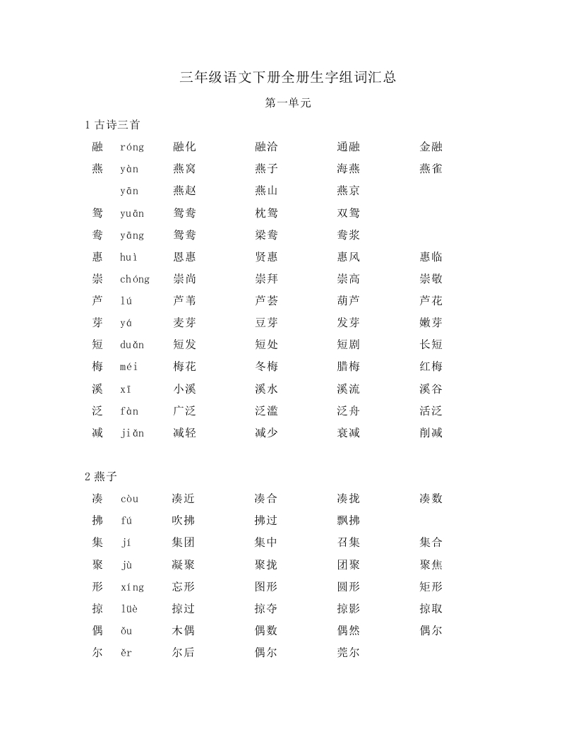 三（下）语文-全册各课生字组词-汇总