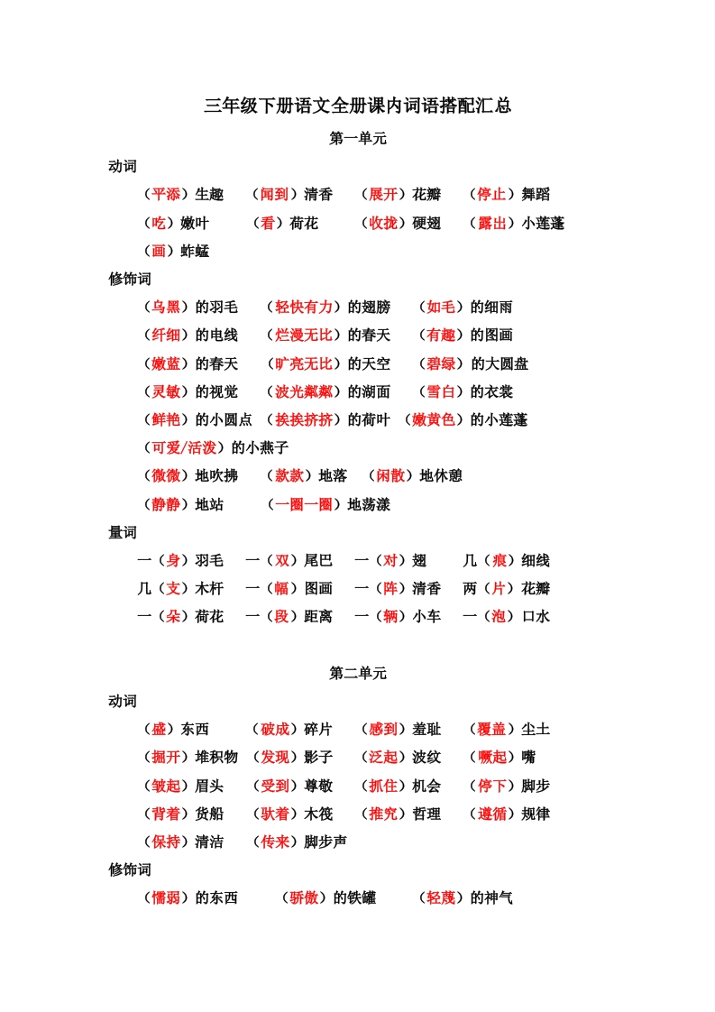 三（下）语文全册-课内词语搭配-汇总