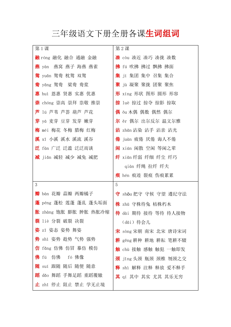 三（下）语文全册各课生词组词