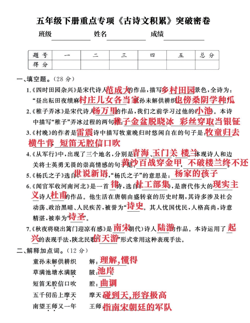 五年级下册重点专项《古诗文积累》突破卷