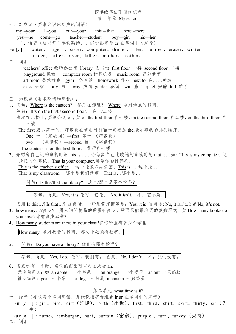 人教版四年级英语下册知识点总结(非常有用)