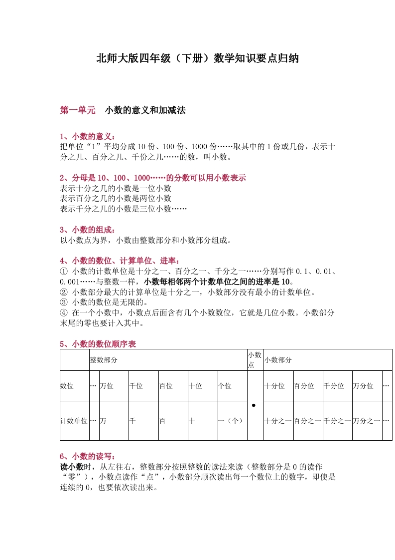 北师大版四年级（下册）数学知识要点归纳