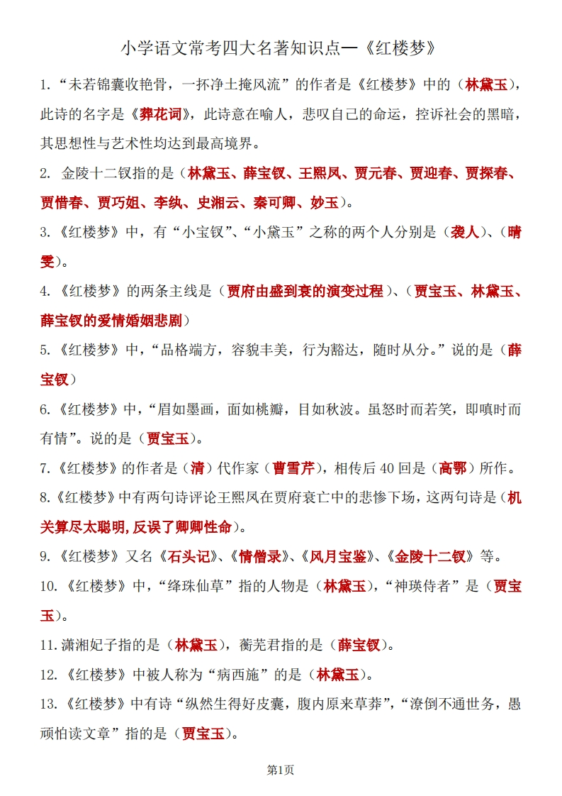 四大名著知识点汇总之《红楼梦》(2)