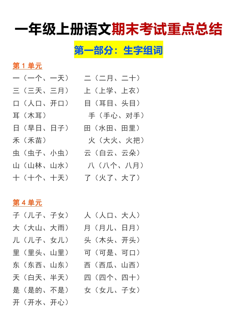 知识点汇总-部编版语文一年级(上)期末总复习知识点汇总